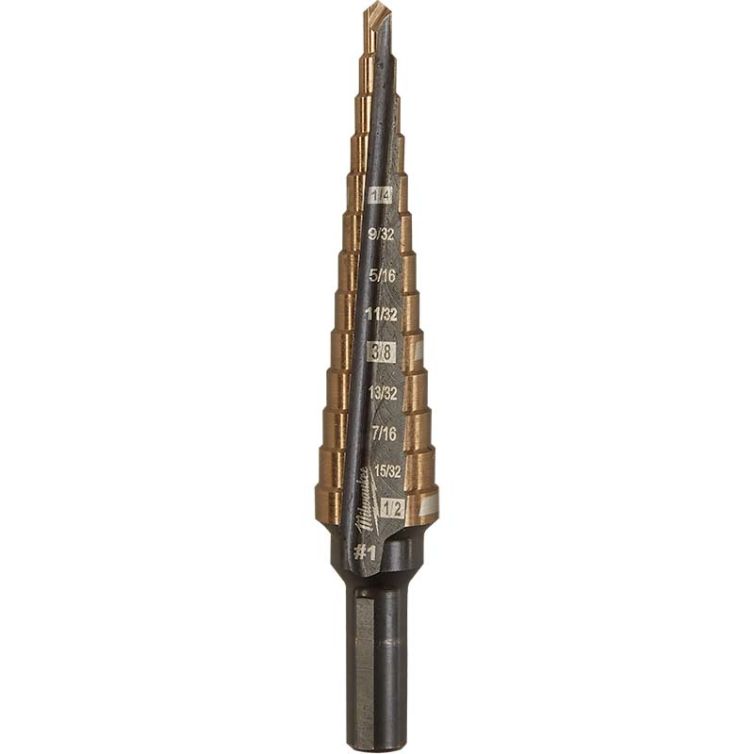 Milwaukee #1 cobalt step drill bit, 1/8" to 1/2", for precise drilling and clean cuts in metal with enhanced durability